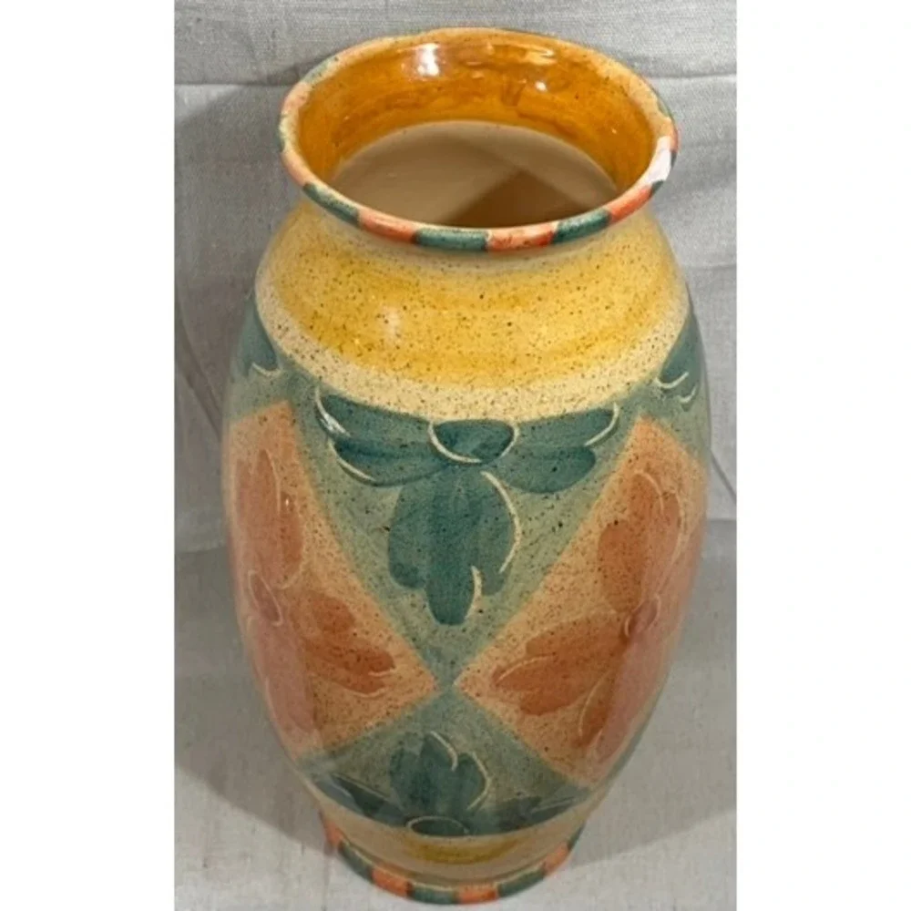 Horchow Italy Hand Painted Ceramic Vase Floral Geometric Art Pottery 14